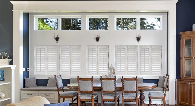 Philadelphia dining room with white plantation shutters.